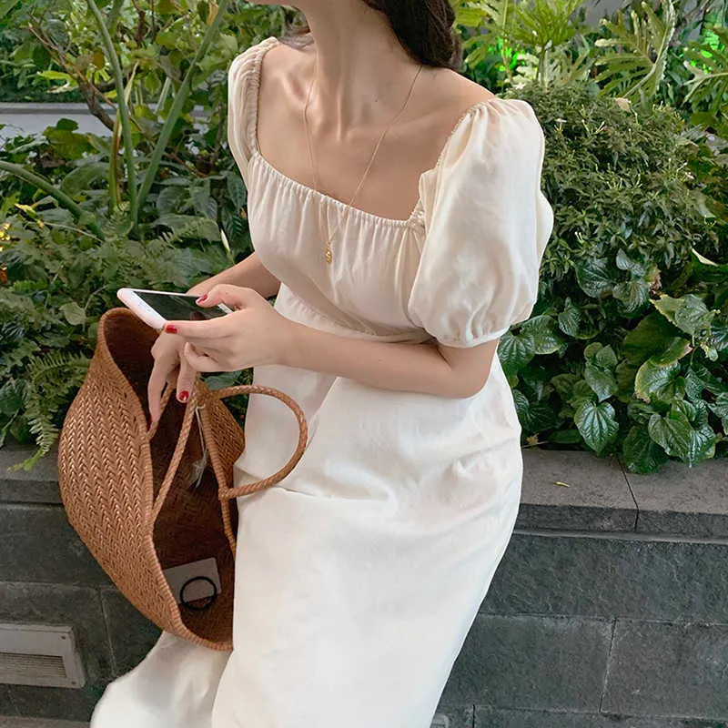 Robes d'été Chic coréen doux doux col carré robe à manches bouffantes filles tempérament taille mince à manches courtes robe solide 210610