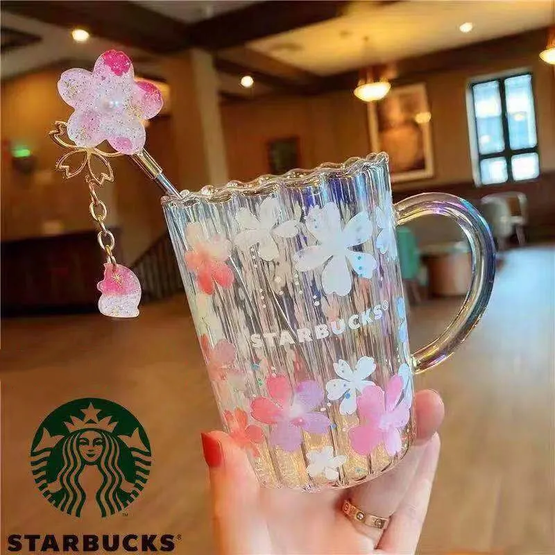 355mlスターバックスレーザーサクラガラスピンクの花びらの花弁のコーヒーマグカップ攪拌棒の水のカップ大容量良いギフト製品
