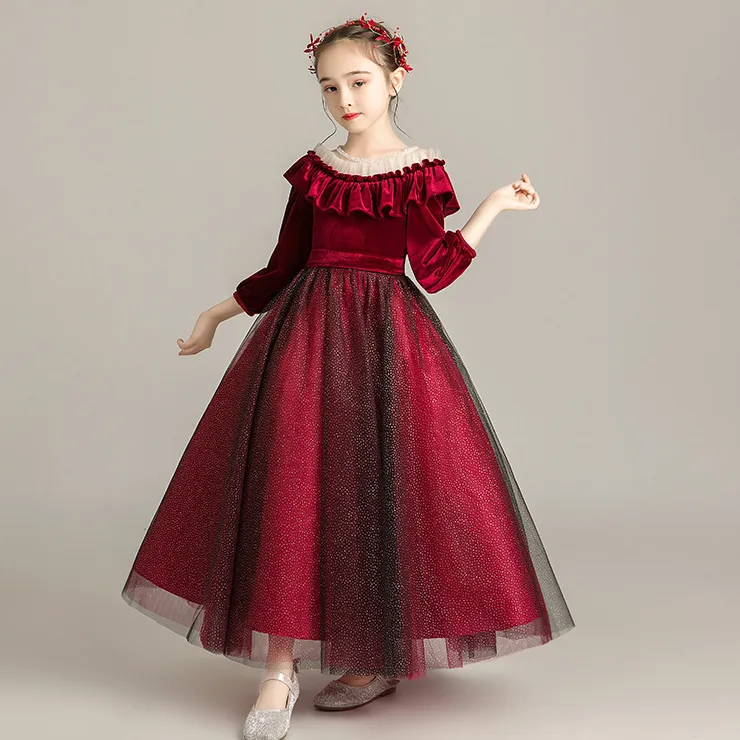 Lindos vestidos de niña de flores cuello joya encaje apliques faldas escalonadas vestidos de concurso de niñas una línea para niños de cumpleaños rojo princesa 403