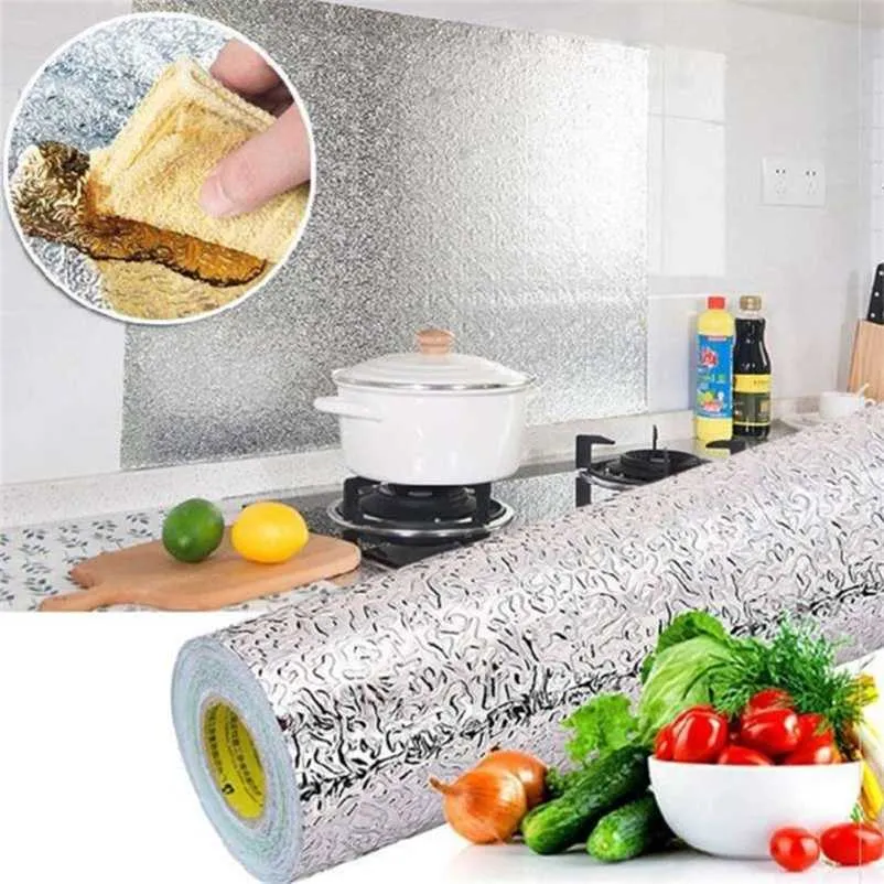 Keuken Zelfklevende Film Olieveilige Sticker Aluminium Wallsticker Wallpaper Gebruiksvoorwerpen voor Decoration 210929