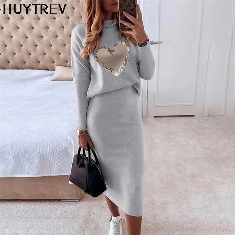 Casual vrouwen 2-delig pak herfst winter half hoge nek mode top + potlood rok outfit elegante kantoor dames instellen kleding 211109