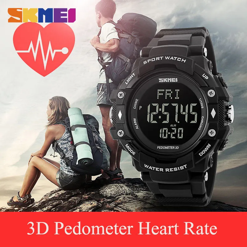 SKMEI Men s Sports Health Running Watch with Heart Rate Monitor Pedometer Calorie Counter 50M Waterproof Digital Wristwatch Black