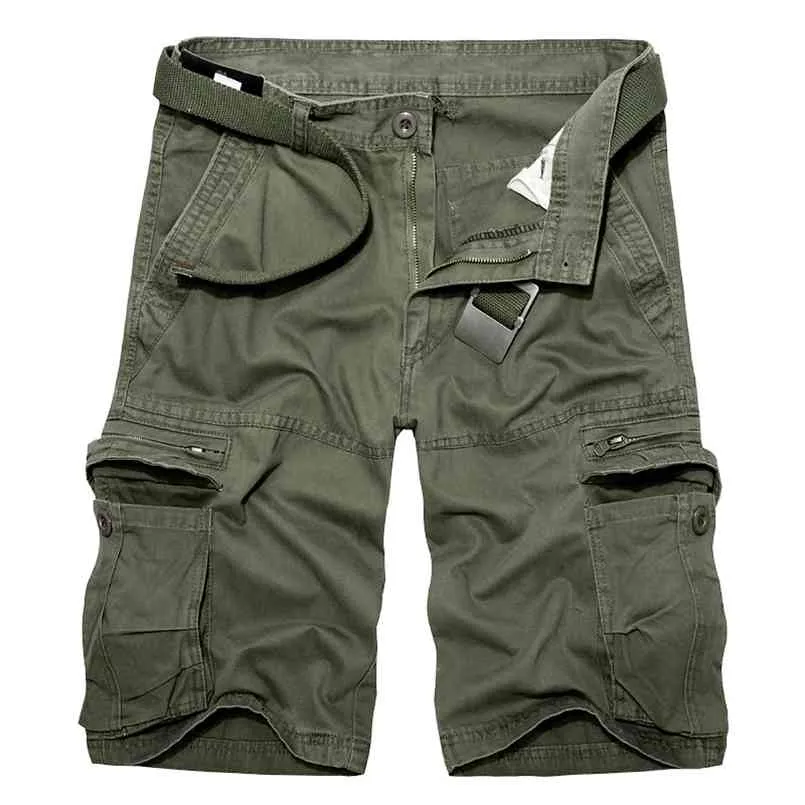 Mens Military Cargo Shorts Summer Army Green Cotton Men Loose Multi-Pocket Homme Casual Bermuda Trousers 40 210716