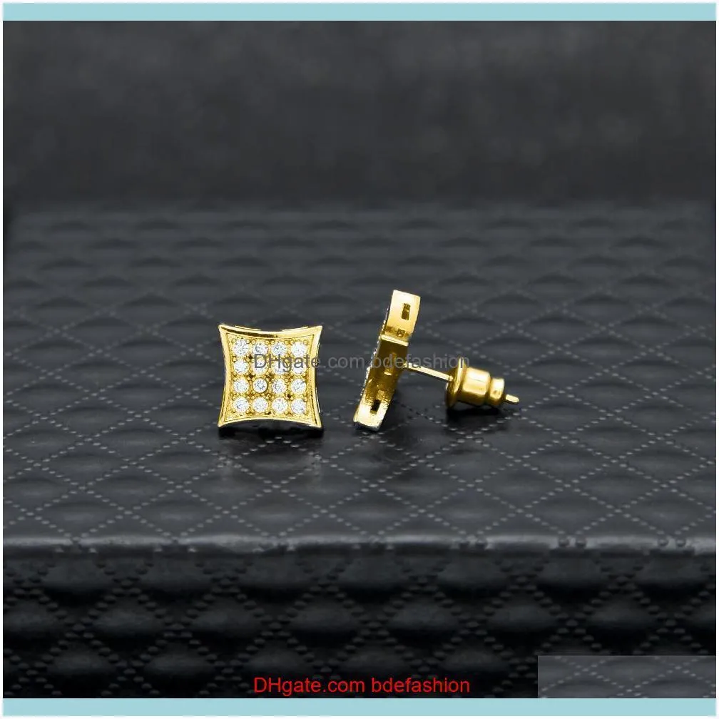 Men Fashion Square Stud Earrings CZ Bling Micro Pave Cubic Zirconia Gold Silver Earring Punk Hiphop Jewelry