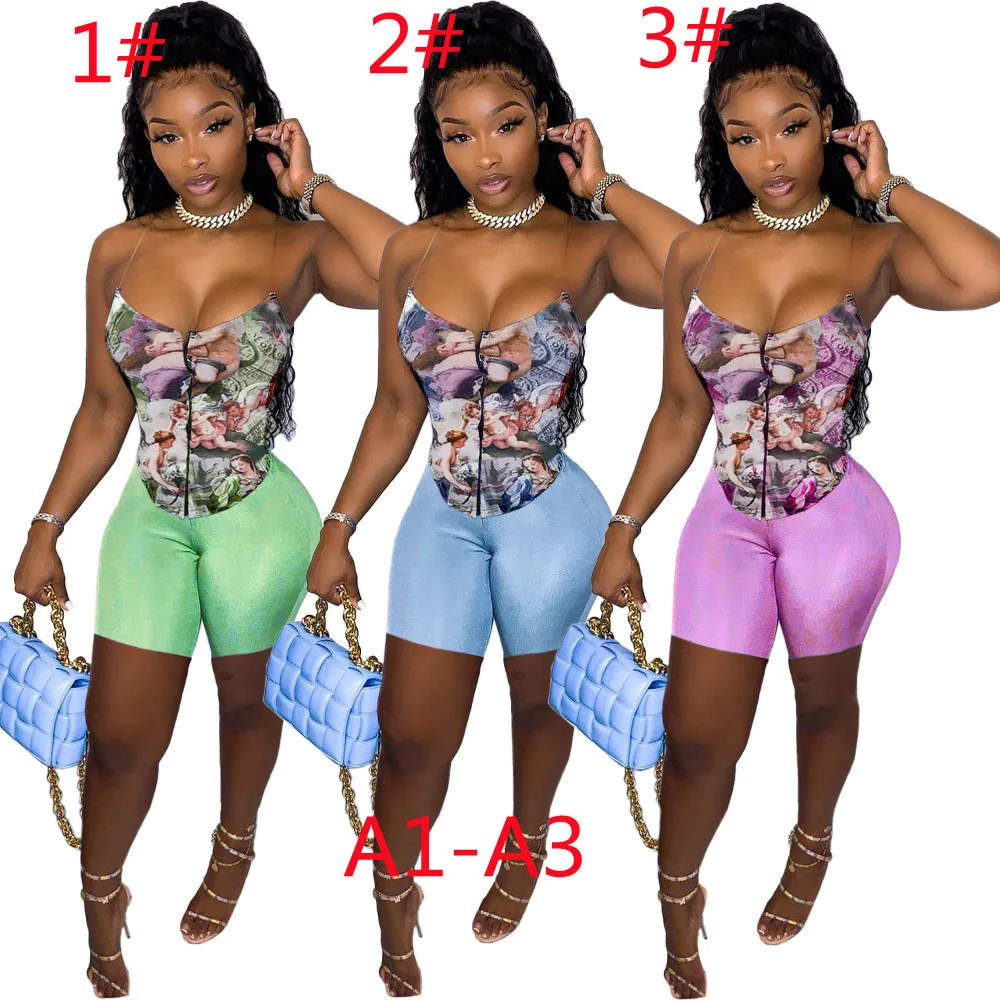 S-XXL Summer Women Dress 2 Dwa Piece Spodnie Garnitur Drukowanie Dolar Slim Montaż Sling Short Set Top + Shorts Yoga Fitness Ubrania