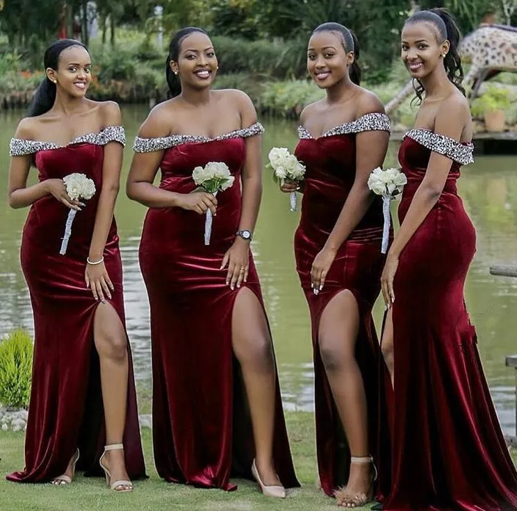 2022 African Sexy Burgundy Velvet Mermaid Bridesmaid Dresses High Side Split Off Shoudler Silver Crystal Beaded Plus Size Wedding Guest Dresses Maid of Honor