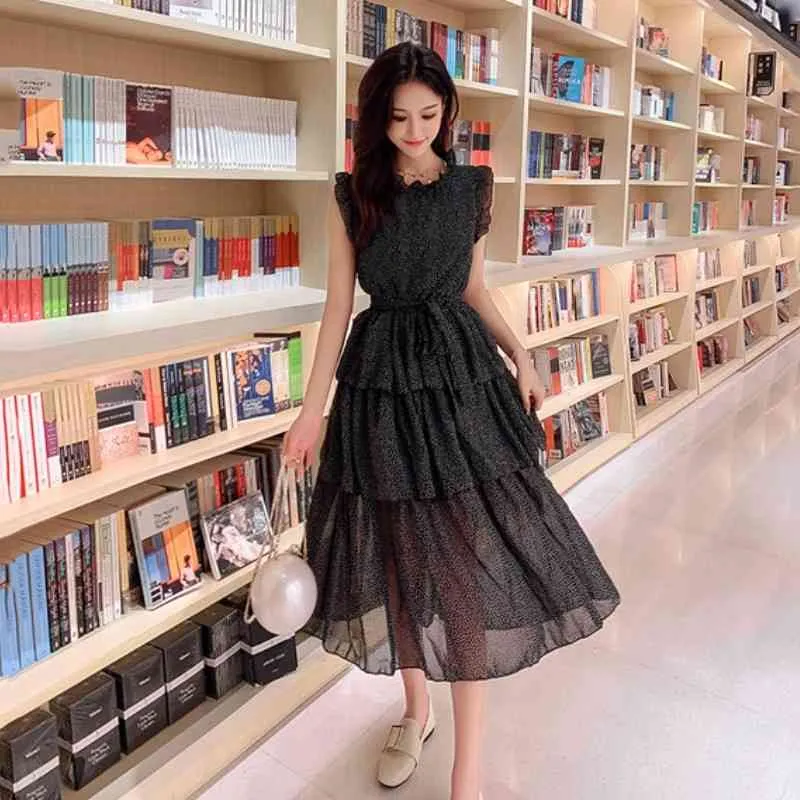 LLZACOOSH High quality women Runway sleeveless summer Collect waist Dress Sexy black Ruffled white dots Long cake Dress 210514