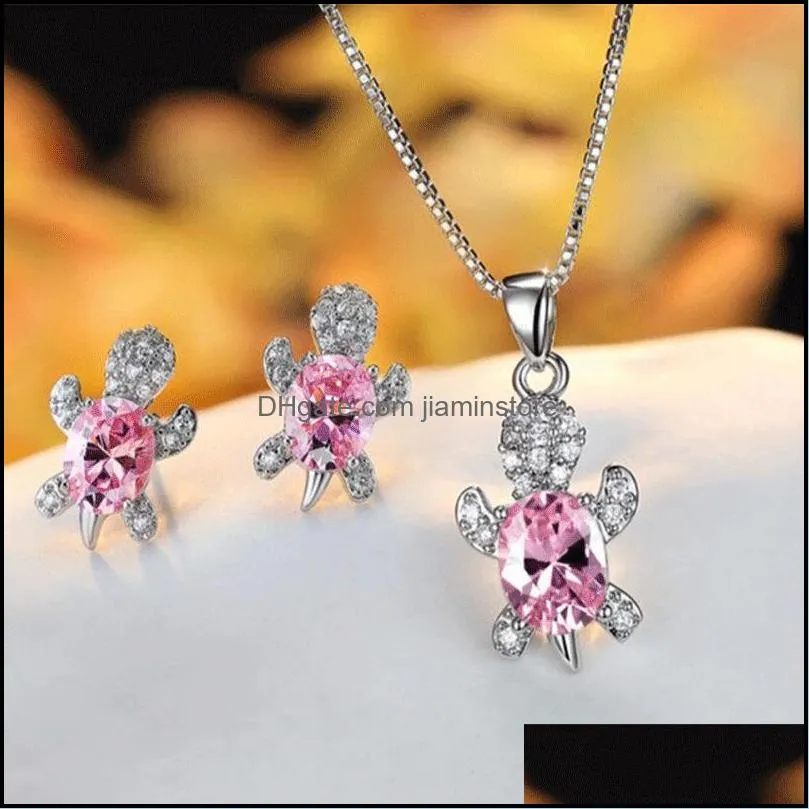 Blue Purple Oval Zircon Turtle Stud Earrings and Chain Necklaces For Women Wedding Jewelry Sets Rainbow Crystal Stone Bridal Se