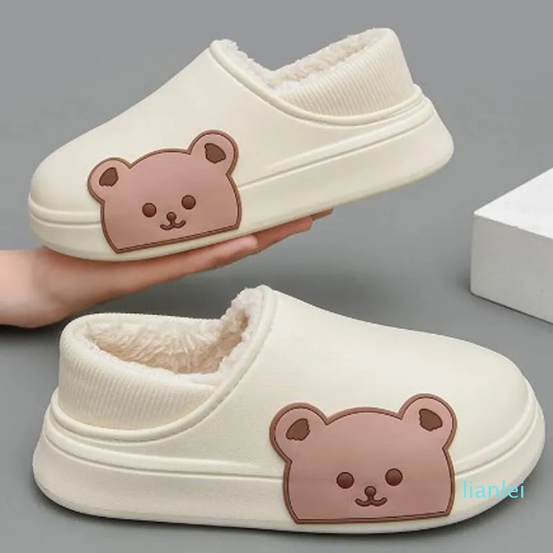 Slippers Waterproof Winter Women Thick Platform Non-Slip Home Rubber Warm Indoor Cotton Men Couples Slipper Cartoon Bear Shoes