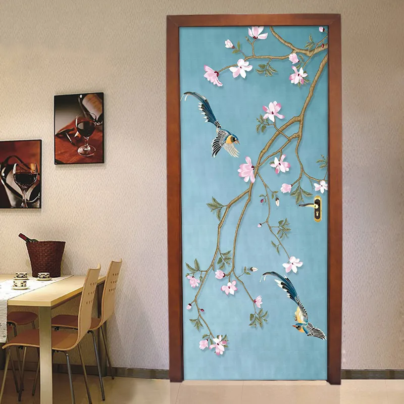 Style chinois fleur oiseau murale étanche auto-adhésif porte autocollant vinyle papier peint pour salon chambre porte décoration 210317