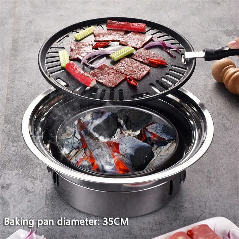 Griglia per barbecue a carbone in acciaio inossidabile Griglie per barbecue antiaderenti coreane Griglia per barbecue all'aperto portatile Stufa per barbecue in carbonio rotonda 210724