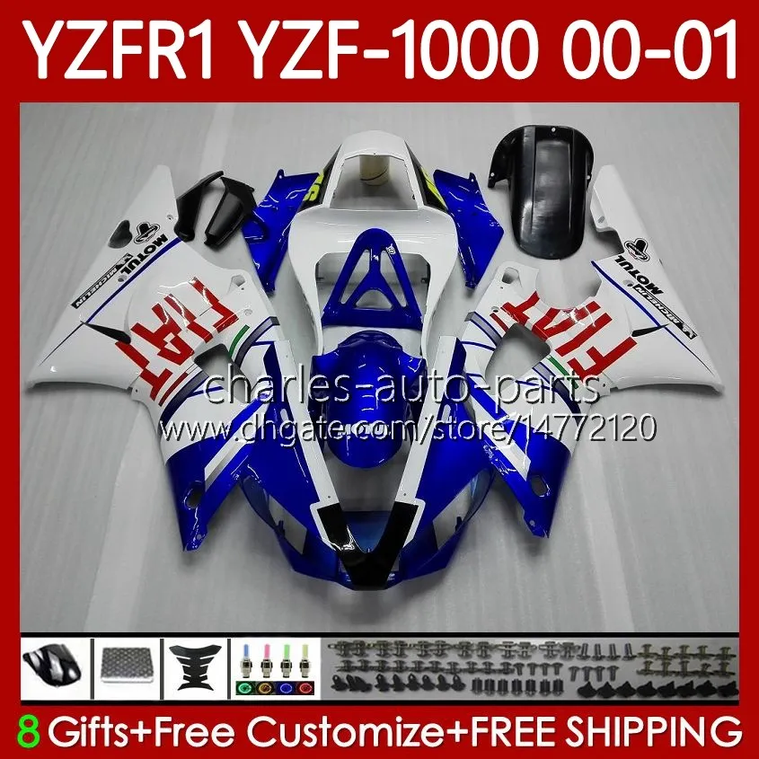 Bodki motocyklowe dla Yamaha YZF-R1 YZF-1000 YZF R 1 1000 CC 00-03 nadwozie 83NO.15 YZF R1 1000CC YZFR1 00 01 03 YZF1000 2000 2001 2002 2003 OEM Zestaw do błonnika Blue White Blk