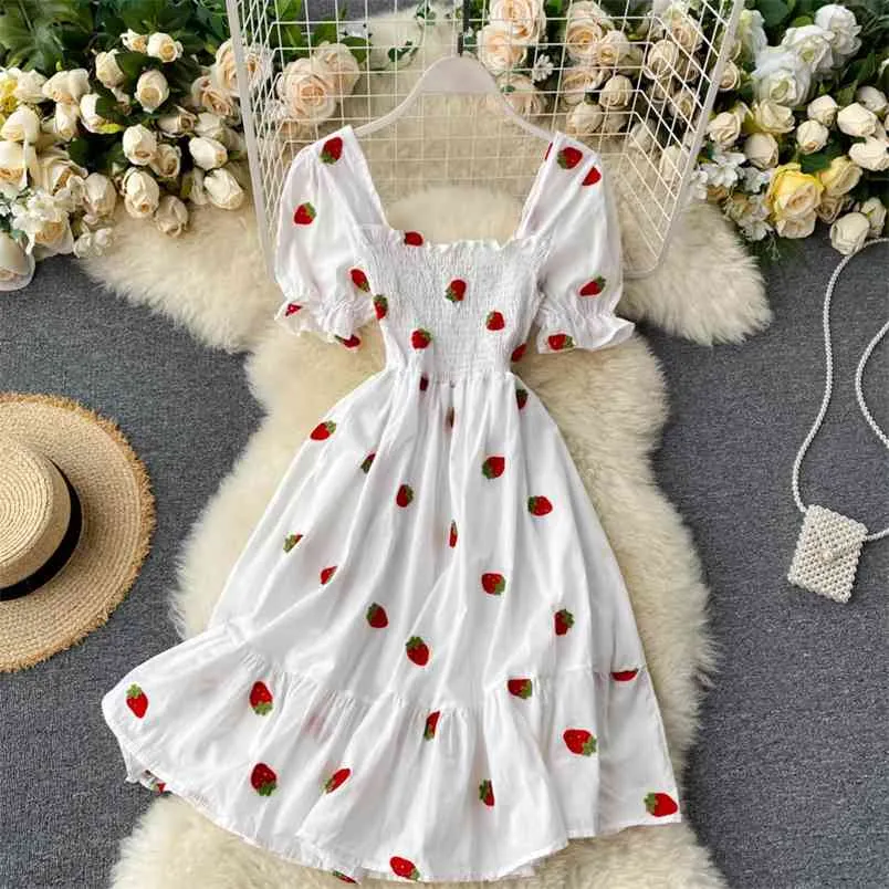 Kvinnors A-Line Short Dress Summer Little Sweet Girl bär fyrkantig krage Stretch Slim Broderad ML1027 210506