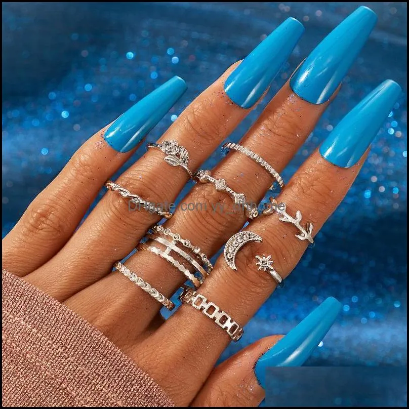 Cluster Jewelrycluster Ringe Vintage Gold Farbe Kristall Stern Mond Set Für Frauen Boho Knuckle Finger Ring Weibliche Mode Schmuck Aessories Dr