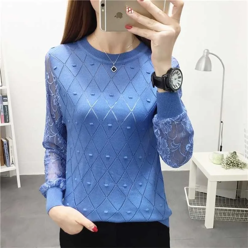 Loose long sleeve knitted sweater Pullover Sweater with round collar and lace bottoms relaxed joker autumn thin frock 211011