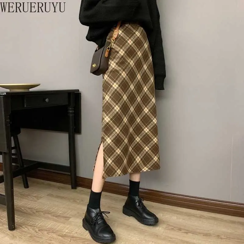 Werueruyu Vinterförtjockning Ullblandning Split Mid Plaid Skirt Cashmere Warm Hip Slim Mid-Calf Stickar Kjolar 210608