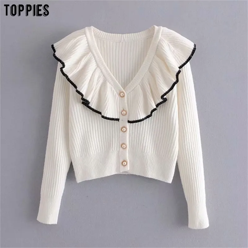 Femmes Blanc Cardigan Pull Perles Bouton Tricoté Veste Manteau Volants Tops Automne Hiver 210421