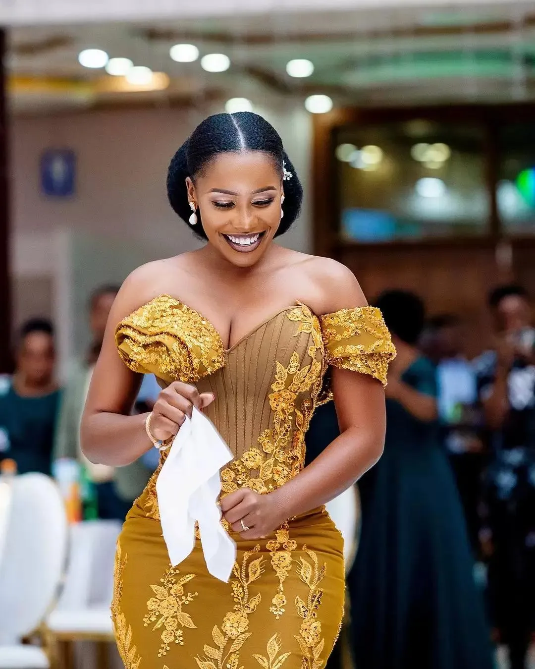 2022 Mermaid Gold sequin formal Dress with Gold Lace Applique, Ruffles, and One Shoulder - Plus Size African Aso Ebi Ladybeauty Prom Dress Vestido