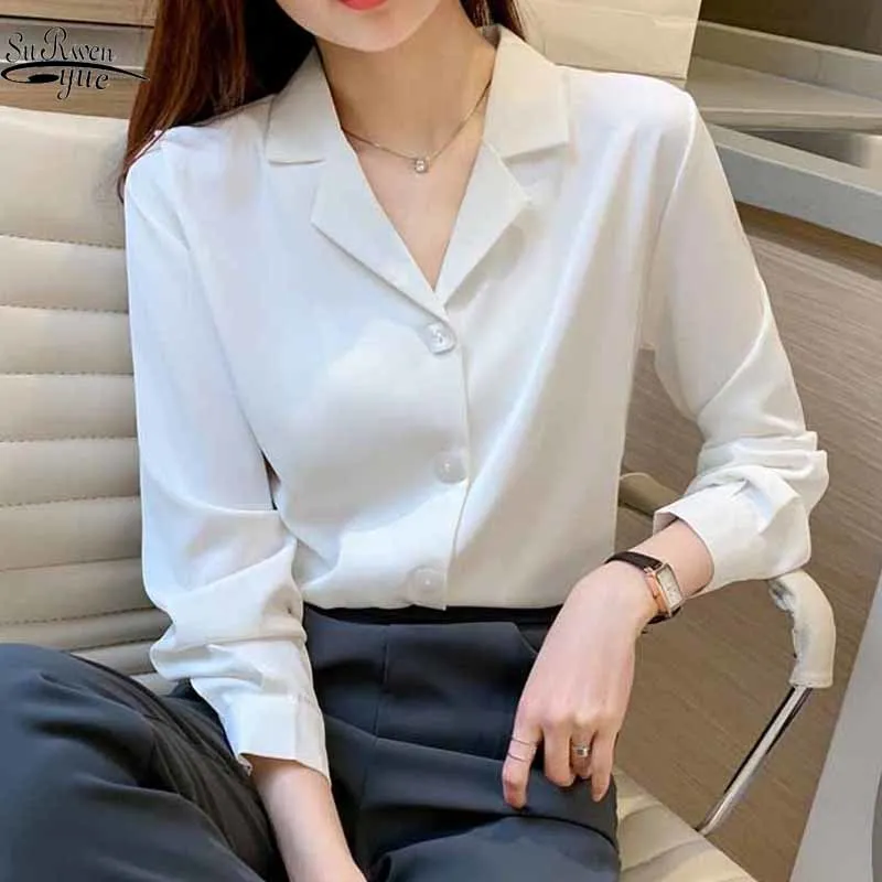 V kostym krage mode långärmad koreansk chic lös skjorta kvinnor solida färg toppar cardigan fyrkantig knapp elegant blus 11873 210508