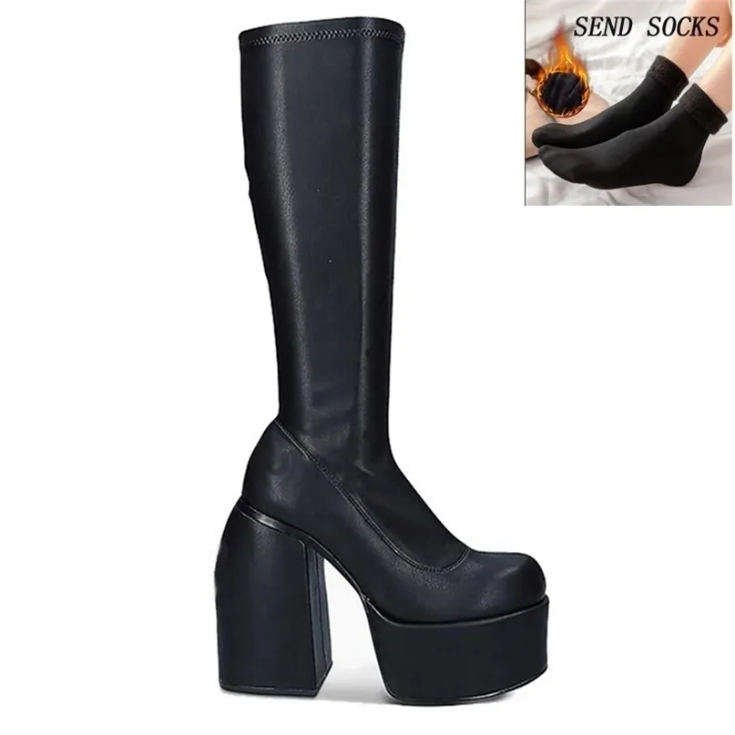Punk Style Autumn Winter Boots Elastic Microfiber Shoes Woman Ankle High Heels Black Leather Boot Platform For Women 220224