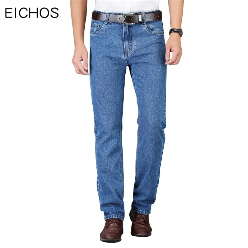 Hommes 100% coton jean taille haute droite classique bleu pour l'automne décontracté Denim pantalon qualité doux salopette 210716