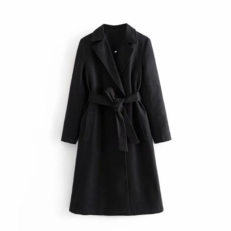 値下げ 女性ファッションブラックストレートオーバーコートベルトジャケットクラシックターンダウンカラー女性ロングアウター秋冬女性ウールブレンド ファッション通販 Timhorvath Com