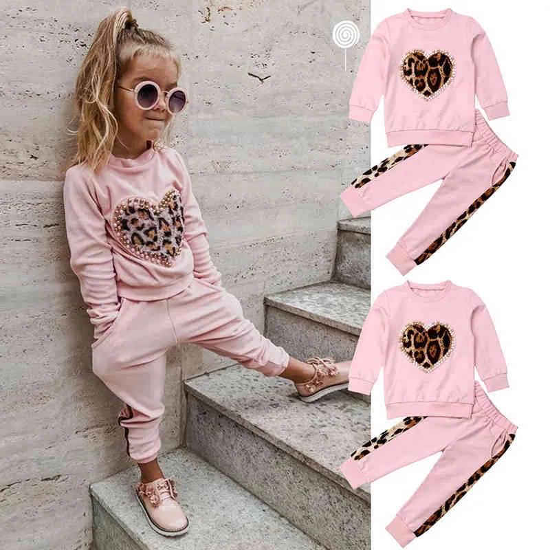 Peuter Baby Herfst Winter Kleding Set Lange Mouwen Luipaard Sweatshirt Tops + Broek 2 Stks Kinderen Outfits Kleding 210515