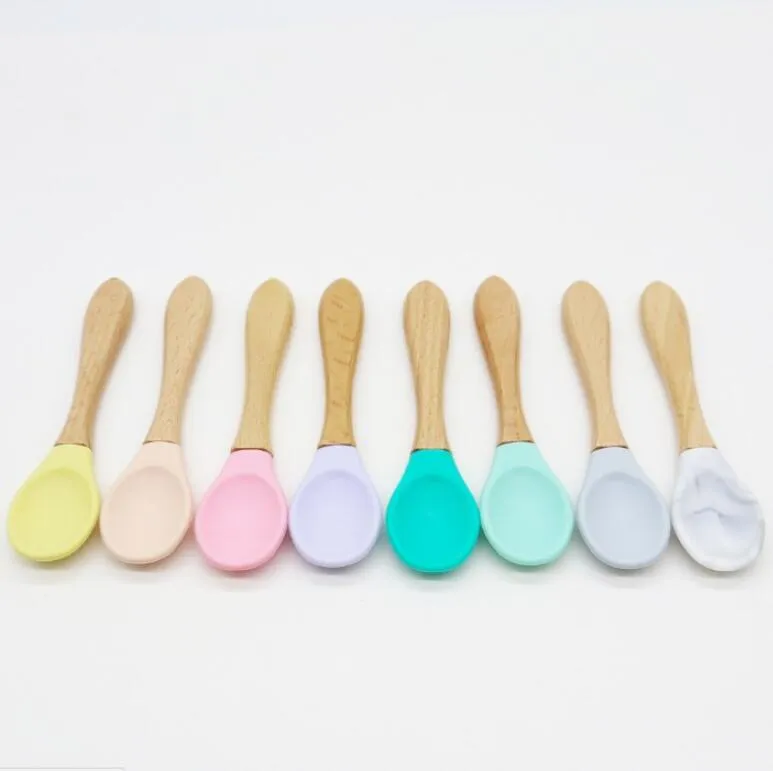 Baby Bamboo Training Spoons Organic Soft Kid Feeding Silicone Tip Spoon Scoop Easy Grip Handle Toddlers Infant Gifts ZYY822