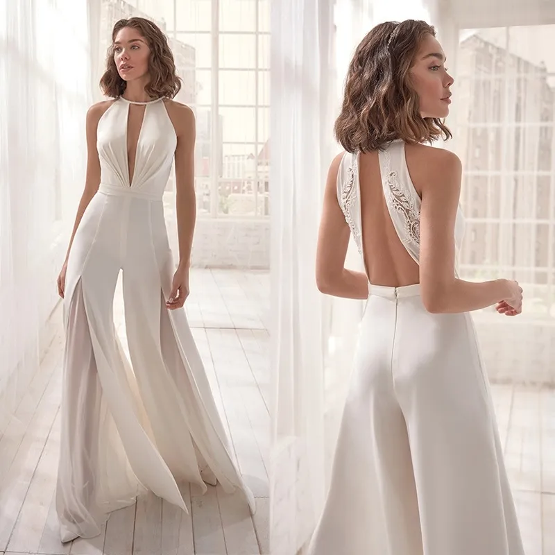 Kombinezony dla kobiet Sexy Wiszące Neck Hollow Backless Chiffon V-Neck Biały Body Z06 210426