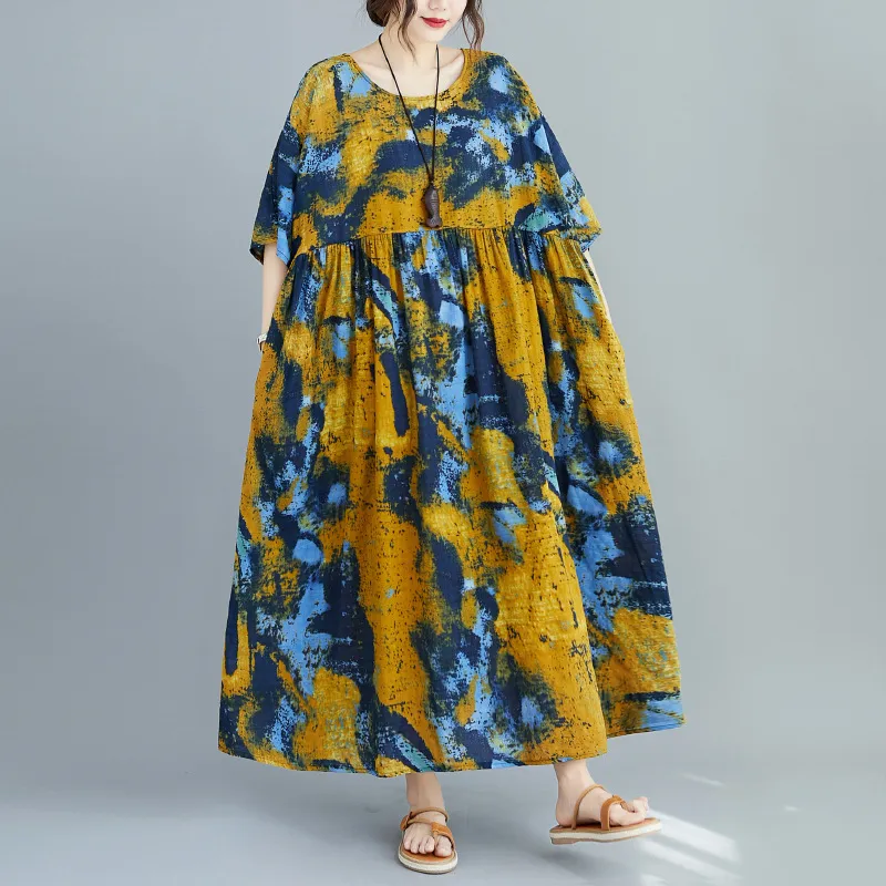 Johnature Femmes D'été Vintage Robes O-cou À Manches Courtes Imprimer Floral Coton Mélange Lâche Taille Haute Femmes Robes 210521