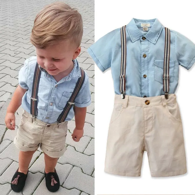 6 M-5Years Çocuk Toddler Erkek Bebek Giysileri Beyefendi Kısa Kollu Gömlek + Askı Şort 2 adet Resmi Kıyafetler Set Giyim Setleri