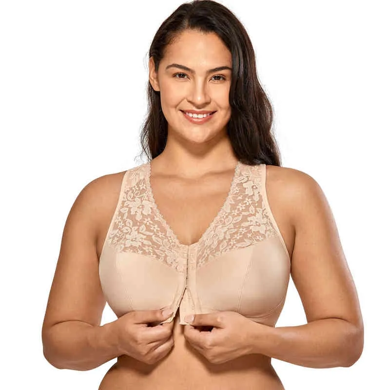 Fechamento frontal feminino sem fio figura completa racerback lace plus size sutiã 211217