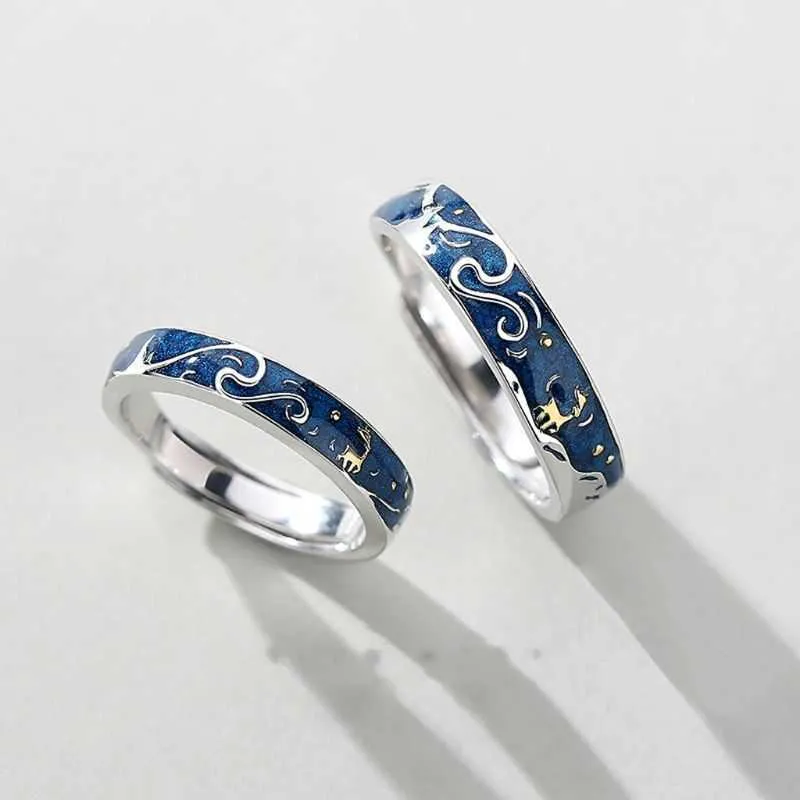 2 pcs veado starry céu casal anel azul estrelado noite ajustável amante anéis bandas x0715