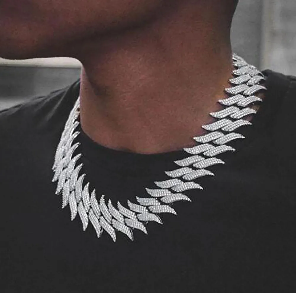 18MM Spike Chain 3 Row Cubic Zirconia Cuban Link Men's 14k White Gold Plated Hip Hop Collier Fashion Big Heavy Spike Shaped Jewelry
