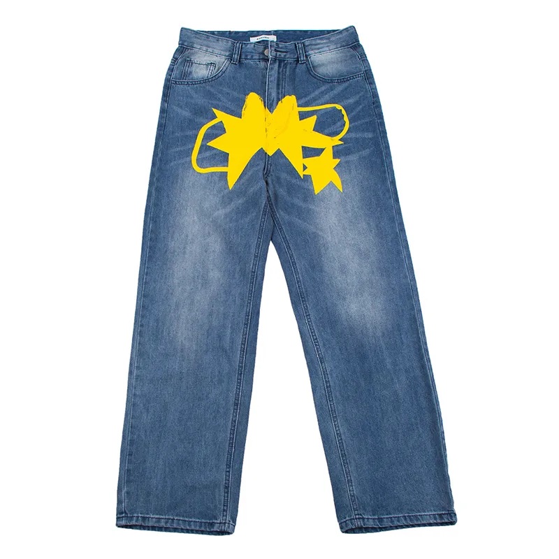 Original Patchwork étoiles lettre impression Denim pantalon hommes et femmes droite ambiance Style haute rue déchiré surdimensionné jean