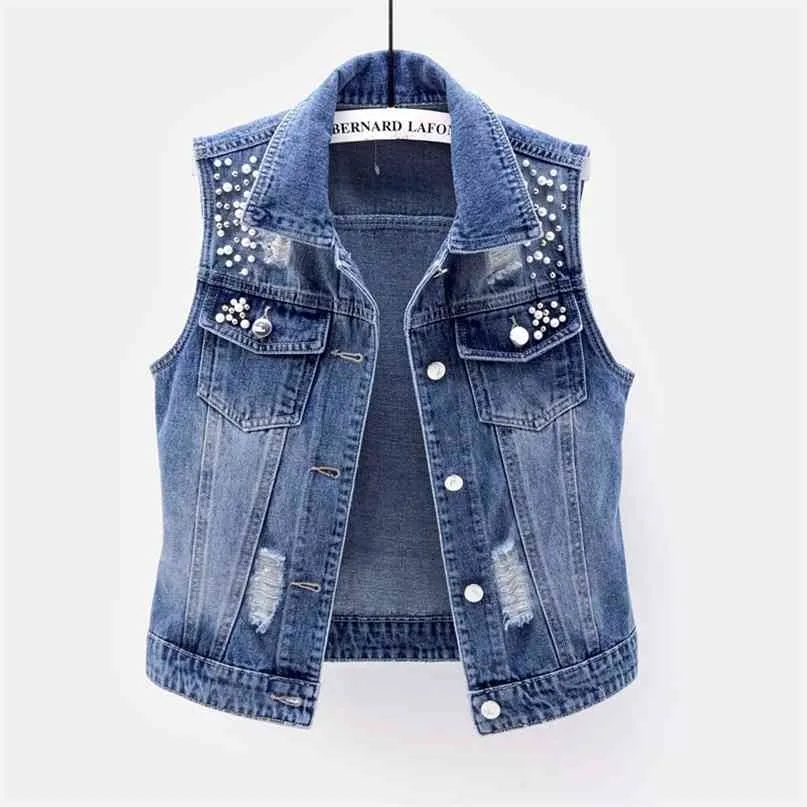 Plus Size Ärmellose Frauen Weste Sommer Denim Weste Mode Lässig Kurze Jeans Jacke Perlen Löcher Slim Mantel 210915