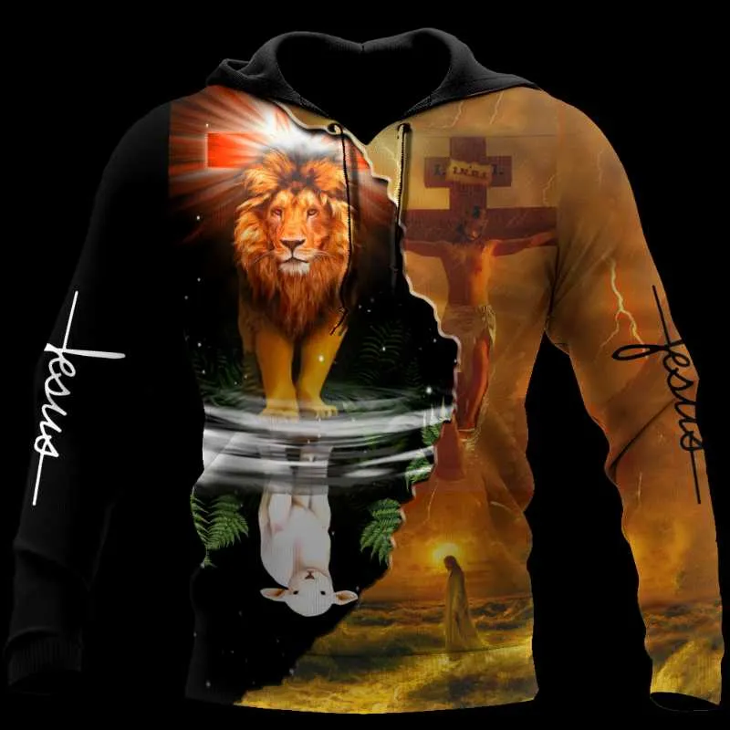 Mäns Hoodies Sweatshirts Jesus Lion och Lamb Casual Hoodie Spring Unisex 3D Utskrift Sublimation Zipper Pullover Harajuku Mode Män / Wom