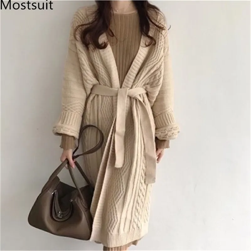 Thicken Twisted Knitted Korean Long Cardigans Sweaters Winter Full Sleeve V-neck Belted Tops Vintage Fashion Ladies Jumpers 210513