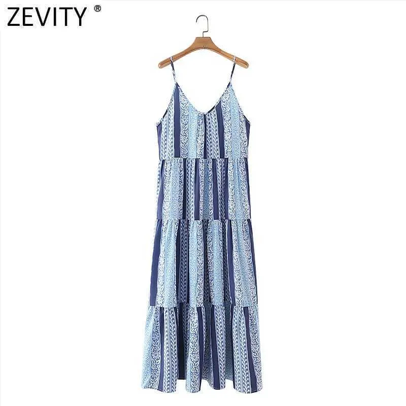 Zevity Women Spaghatti Strap Contrast Colour Print Sling Midi Dress Femme Chic Retro Beach Style Party Vestido DS5059 210603