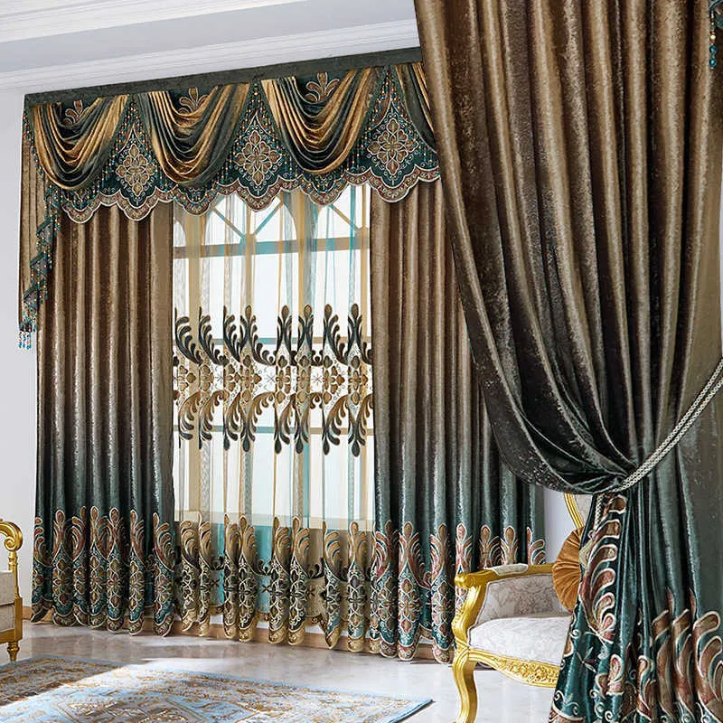 Juego de cortinas Cortinas de lujo europeas con cenefa para sala de estar Juego de cortinas Azul bronceado Listo para usar 051 210712