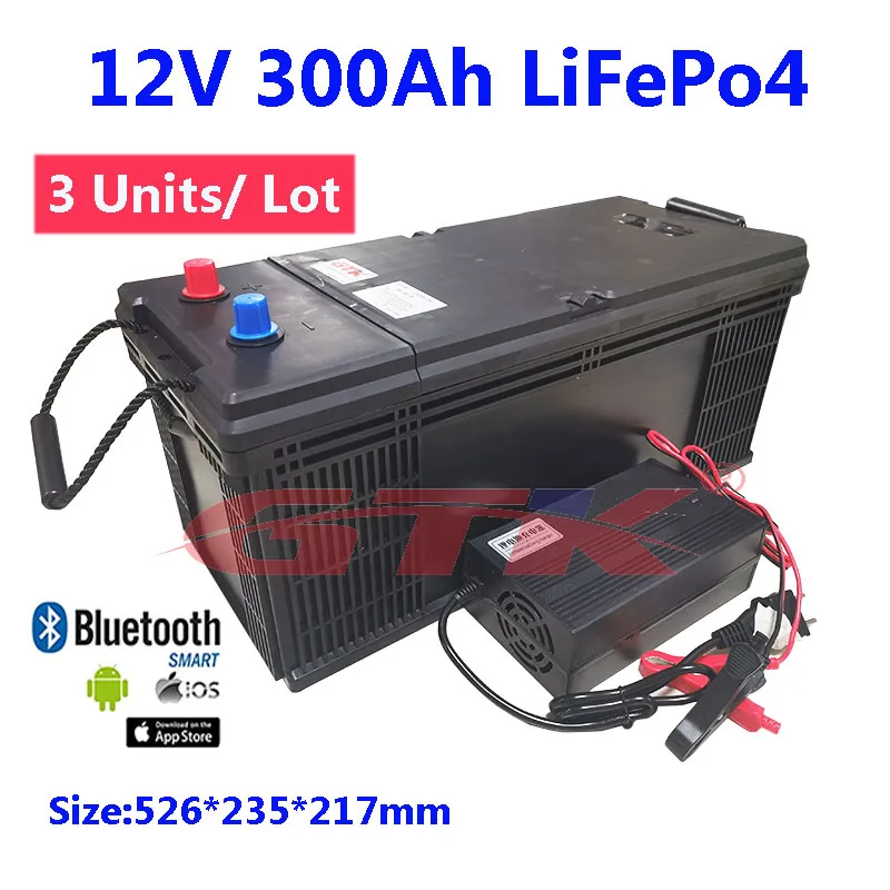 3 unità/lotto LiFePo4 12V 300Ah batteria al litio integrata BMS per camper/pannelli solari/caricabatterie +20A