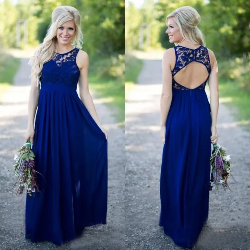 2021 Country Style Royal Blue Lace And Chiffon A-line Bridesmaid Dresses Long Cheap Jewek Cut Out Back Floor Length Wedding Dress EN6181