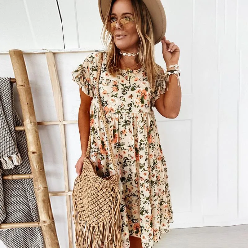 Floral Printed Loose Dress Ruffle Baggy Casual Mini Dresses(Black,M)