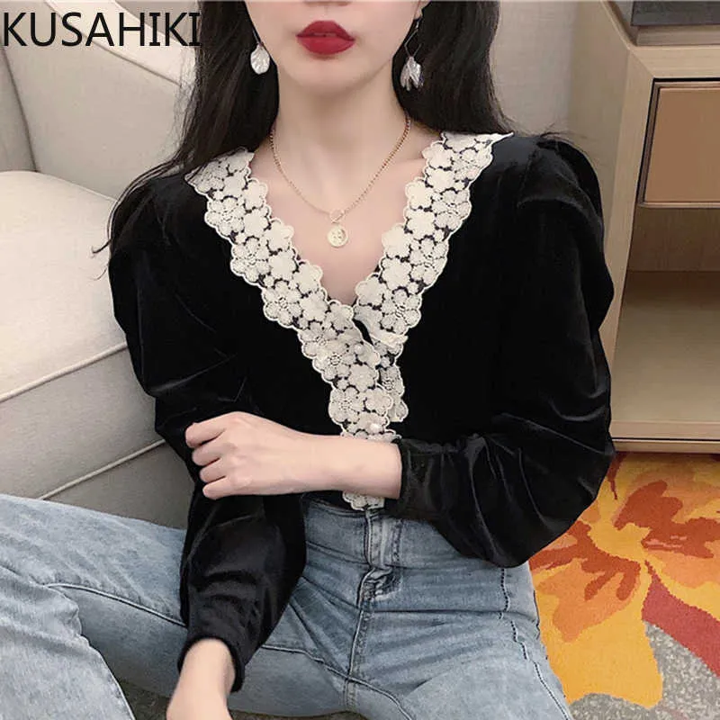 Koronkowa Patchwork V-Neck Velor Bluzka Koszula Elegancki Długim Rękawem Kobiety Top Wiosna Ropa Para Mujeres de Moda 6E838 210603