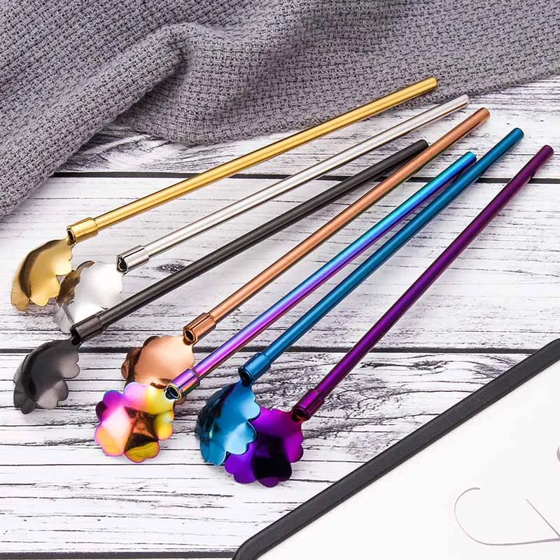 Flower Drinking Long Straw Spoon Stainless Steel Long-Handle Mixing Spoons Coffee Milk Tea Blender Kitchen Bar Tool CGY195