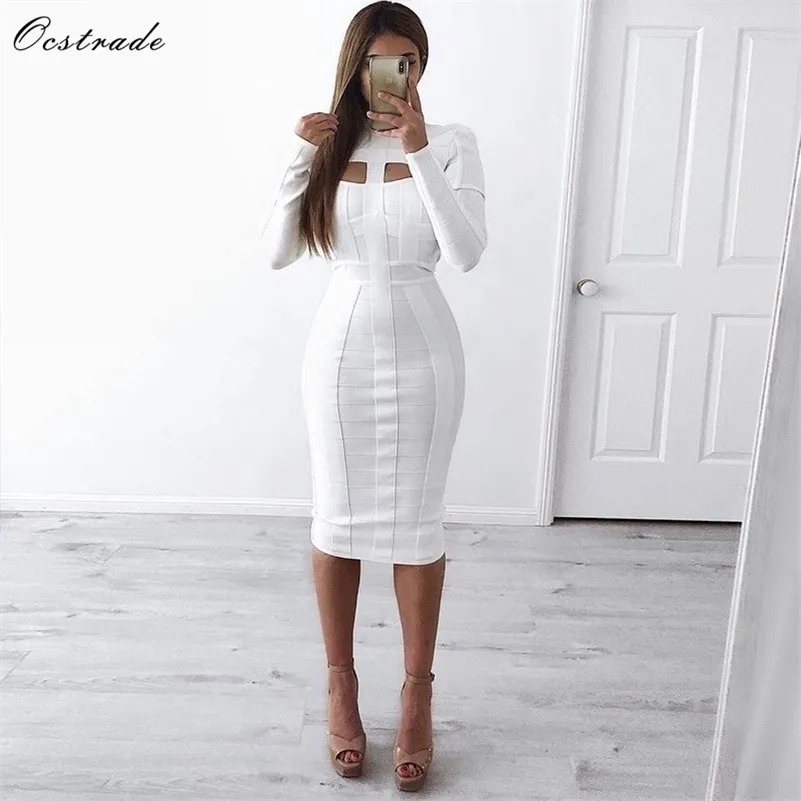 Ocstrade Kvinnor Vit Bandage Klänning Bodycon Ankomster Sexig Klipp ut High Neck Långärmad Party Rayon Bandage Midi Dress 210630