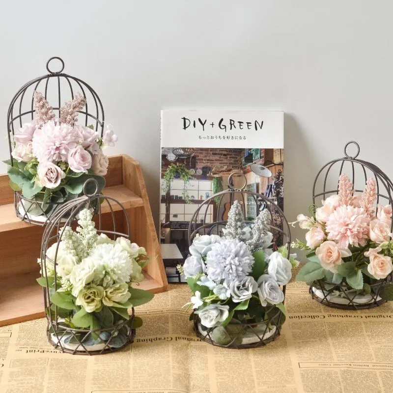 Decorative Flowers & Wreaths Wedding Bird Cage Decoration Home Decor Pographic Props Imitation Flower Ornament Candlestick Metal Birdcage Fl