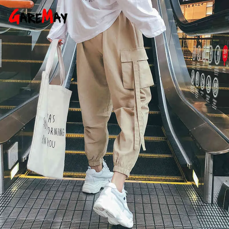 Kaki Cintura Alta Calças de Carga Mulheres Camo Corredores Soltos Sweatpants Coreano Hip Hop para Casual Streetwear Calças Pretas 210428