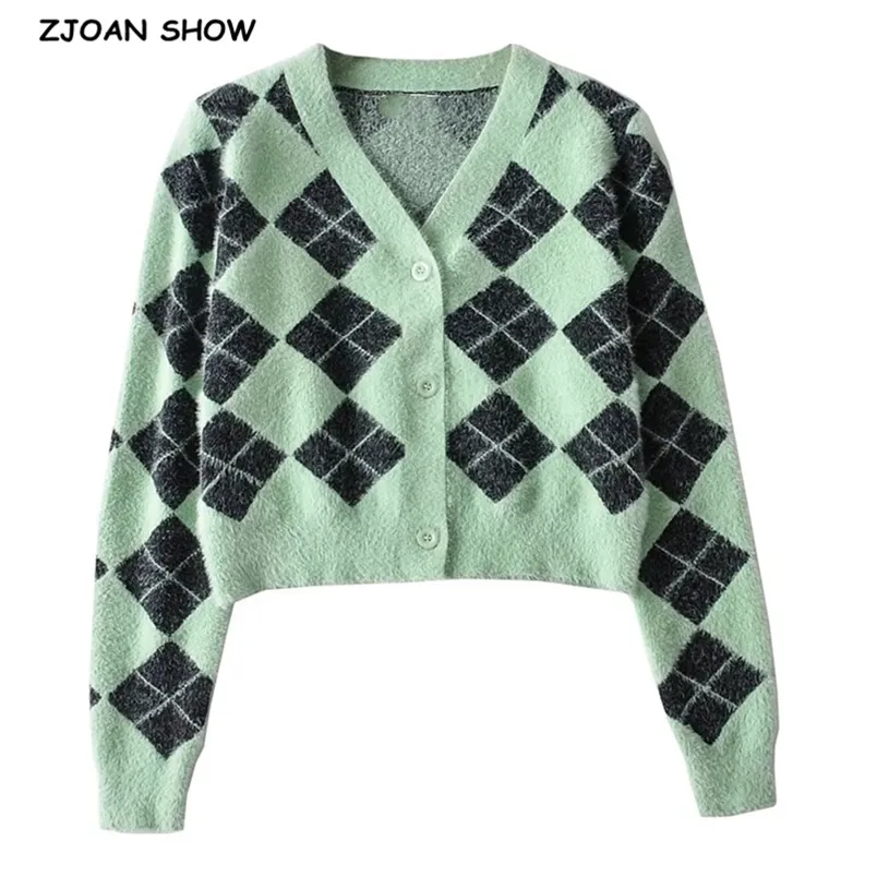 Stijlvolle jaren 80 Argyle Plaid Gebreide Cardigan Woman's Trui V-hals Lange Mouwen Jumper Geometrische Korte Knitwear Groen 3 Kleuren 210429