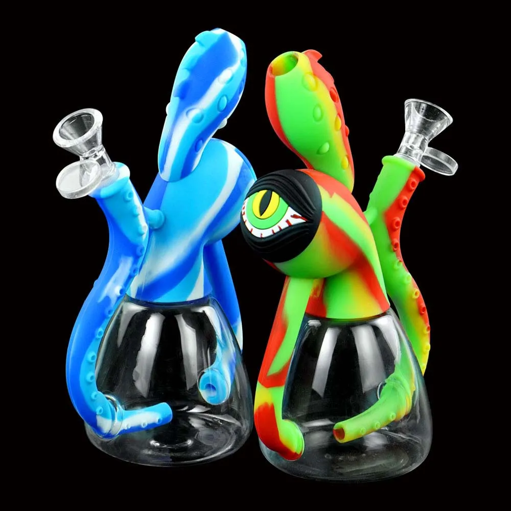 Squid Smoking Bong Water Pipes plate-forme pétrolière narguilés tuyau à main en silicone avec bol en verre